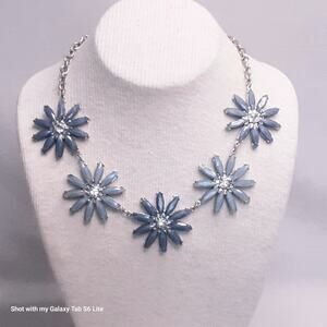Vintage Blue Flower Rhinestone Statement Necklace On Silver Tone Metal